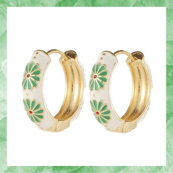 Jewelry - White and Green Enamel Huggie Earrnings #632